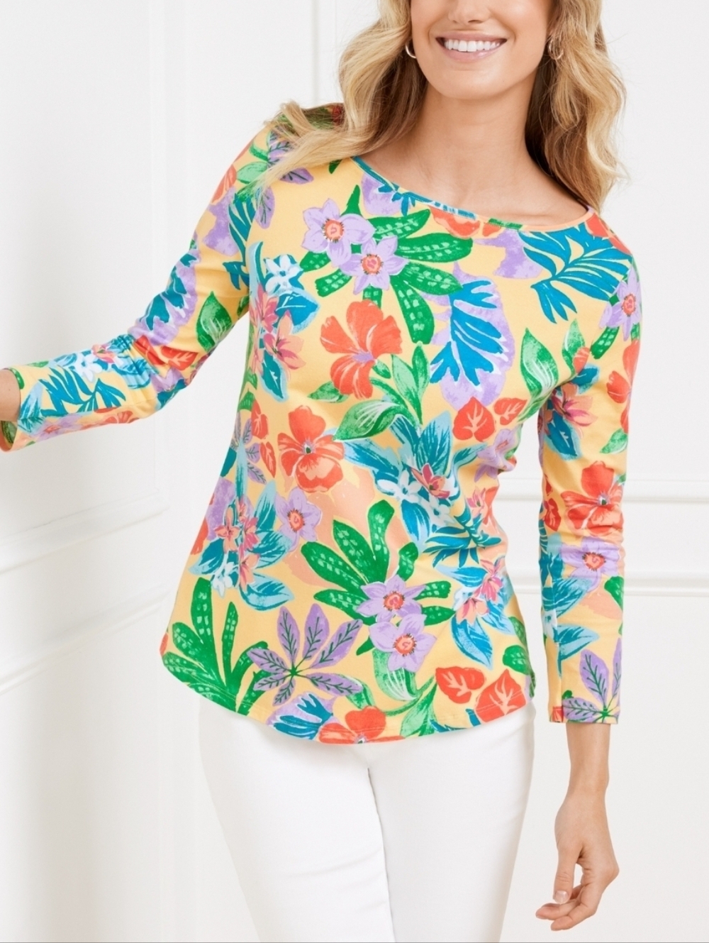 NWT Floral Boatneck Quarter-Sleeve Top - Yellow Multicolored Talbots Size Large
